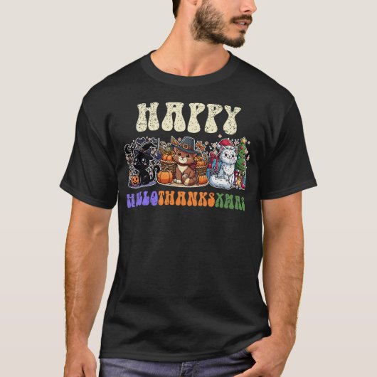 Happy Hallothanksxmas Cat Halloween Thanksgiving C T-shirt (Voorkant)