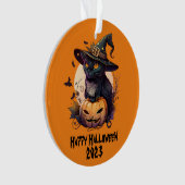 Happy Halloween 2023 Black Cat & Jack-o-Lantern Ornament (voorkant)