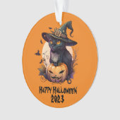 Happy Halloween 2023 Black Cat & Jack-o-Lantern Ornament (voorkant)