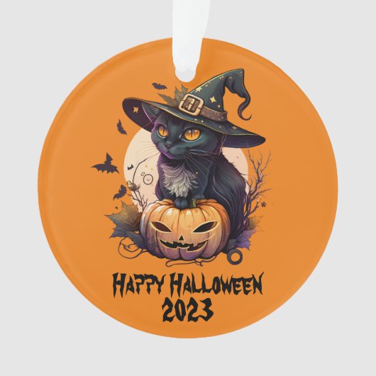 Happy Halloween 2023 Black Cat & Jack-o-Lantern Ornament (voorkant)