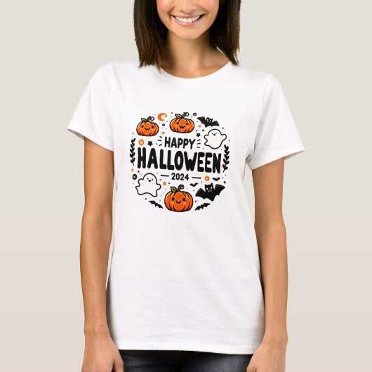 Happy Halloween 2024 Schattigee pompoen, spook en  T-shirt (Voorkant)