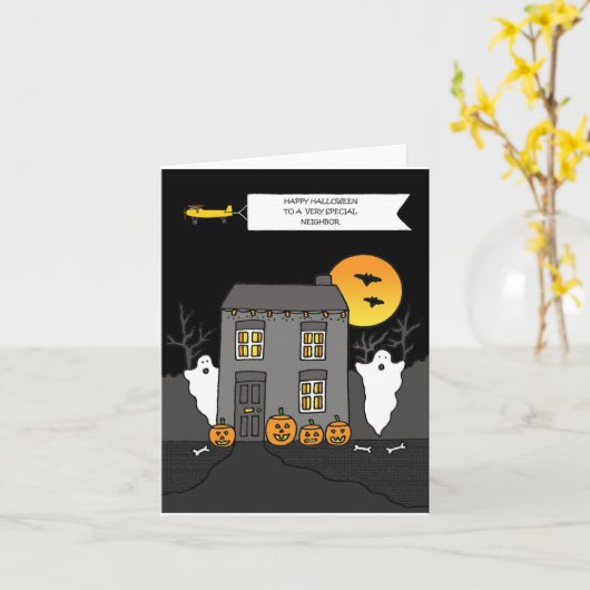 Happy Halloween aan de buurman Haunted House Kaart (Gele Bloem)