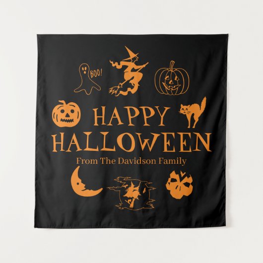 Happy Halloween aangepaste naam zwart oranje decor Wandkleed (Voorkant)