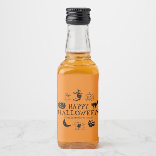 Happy Halloween aangepaste naam zwart-oranje spook Likeurfles Etiket (Voorkant)