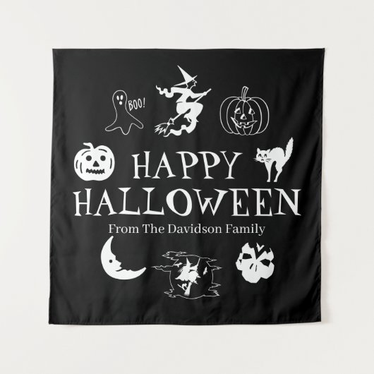 Happy Halloween aangepaste naam zwarte spooky deco Wandkleed (Voorkant)
