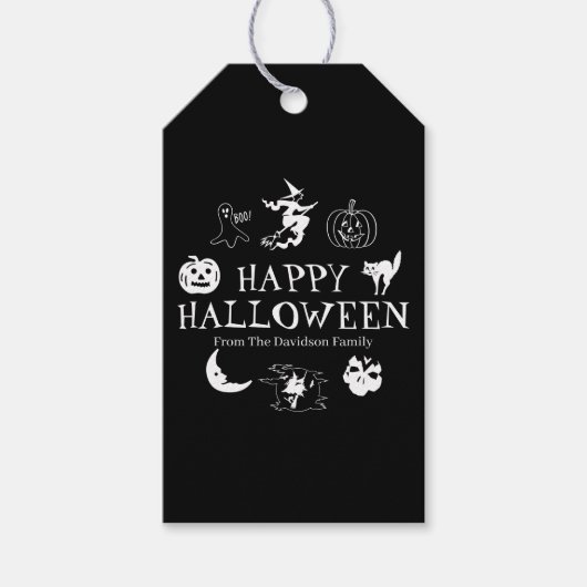 Happy Halloween aangepaste naam zwarte witte spook Cadeaulabel (Voorkant)