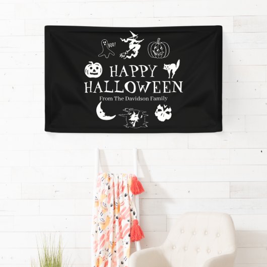 Happy Halloween aangepaste naam zwarte witte spook Spandoek (Insitu)