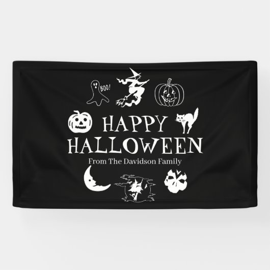 Happy Halloween aangepaste naam zwarte witte spook Spandoek (Horizontaal)