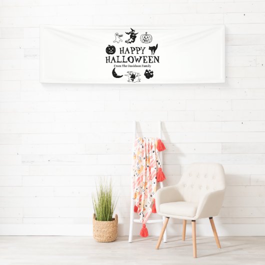 Happy Halloween aangepaste naam zwarte witte spook Spandoek (Insitu)