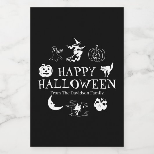 Happy Halloween aangepaste naam zwarte witte spook Voedselcontainer Etiket (Enkel label)