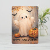Happy Halloween! Adorable Friendly Ghost & Pumpkin Kaart (Staand voorkant)