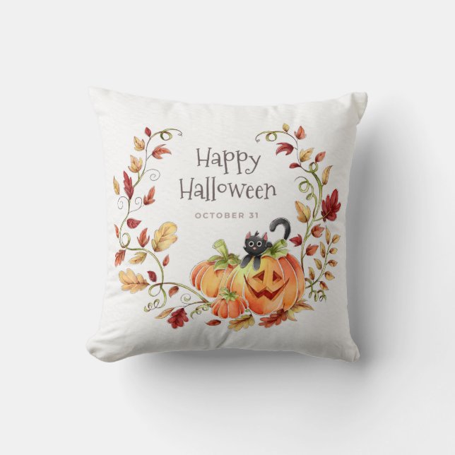 Happy Halloween Autumn Foliage Black Cat Kussen (Voorkant)