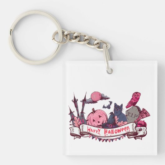 Happy Halloween Banner with Castle, Pumpkin, Black Sleutelhanger (voorkant)