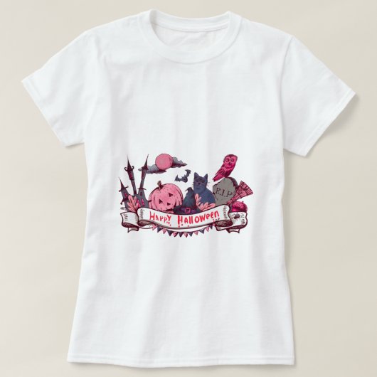 Happy Halloween Banner with Castle, Pumpkin, Black T-shirt (Design voorkant)