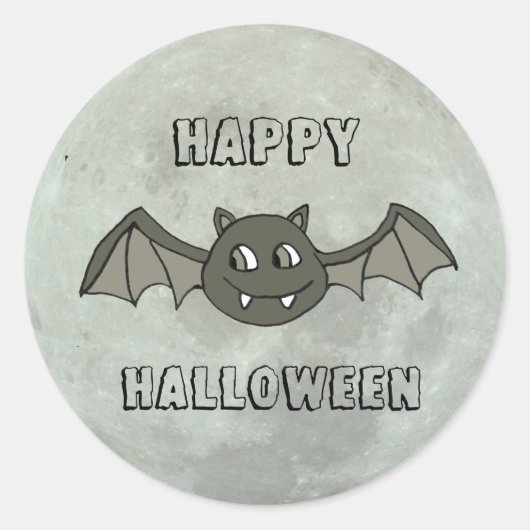 Happy Halloween Bat en Full Moon Ronde Sticker (Voorkant)