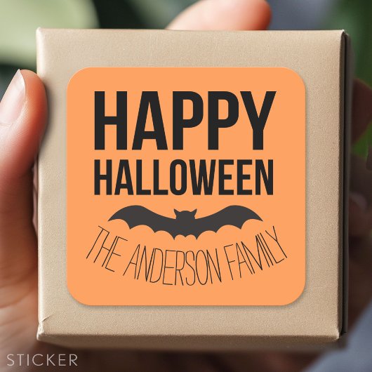 Happy Halloween Bat met zwarte naam Vierkante Sticker