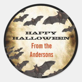 Happy Halloween Bats en Burnt Parchment Ronde Sticker