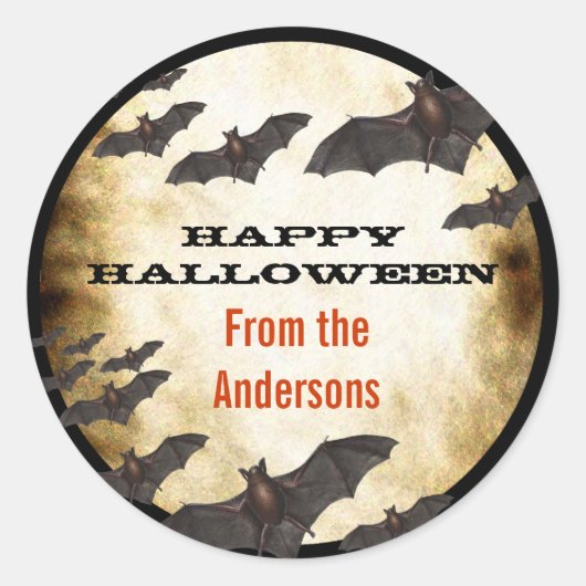 Happy Halloween Bats en Burnt Parchment Ronde Sticker (Voorkant)