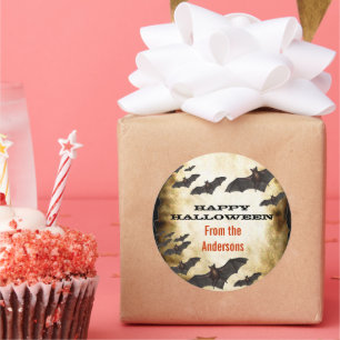 Happy Halloween Bats en Burnt Parchment Ronde Sticker