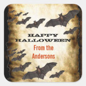 Happy Halloween Bats en Burnt Parchment Vierkante Sticker (Voorkant)
