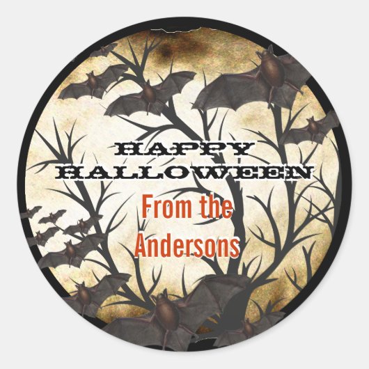 Happy Halloween Bats en Tree Burnt Parchment Ronde Sticker (Voorkant)