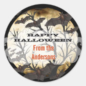 Happy Halloween Bats en Tree Burnt Parchment Ronde Sticker (Voorkant)