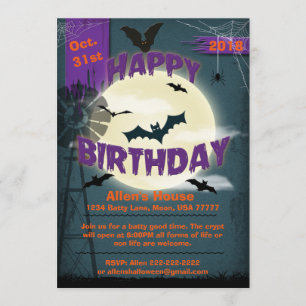 Happy Halloween Birthday Batty Moonlight Party 5x7 Kaart