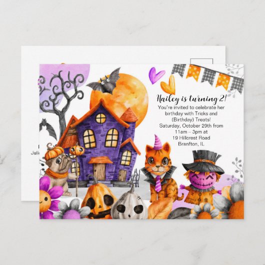 Happy Halloween Birthday - Cat, Pug, Scarecrow Briefkaart (Voorkant / Achterkant)