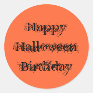 Happy Halloween Birthday, grijze tekst oranje zwar Ronde Sticker
