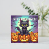 Happy Halloween Black Bat Cat Kaart (Staand voorkant)