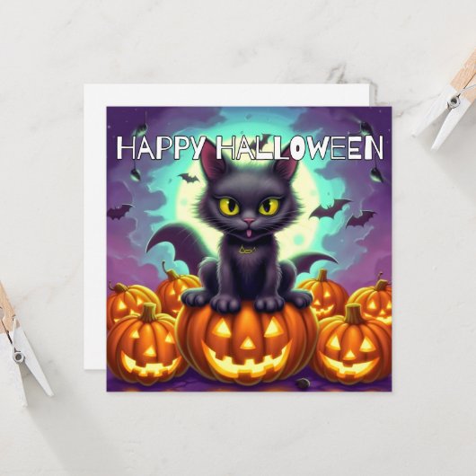 Happy Halloween Black Bat Cat Kaart (Voorkant / Achterkant in situ)