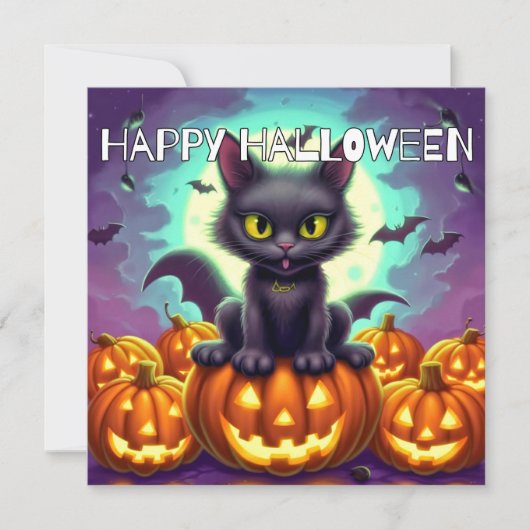 Happy Halloween Black Bat Cat Kaart (Voorkant)