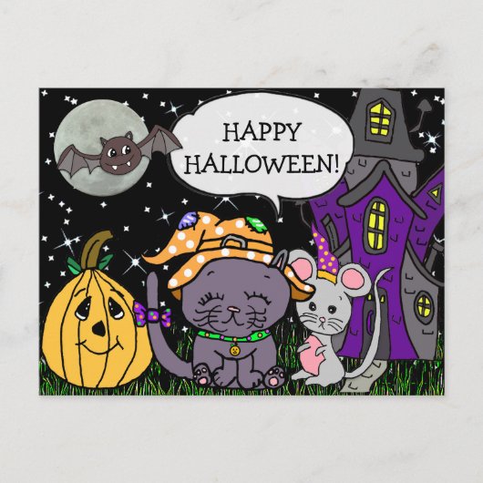 Happy Halloween Black Cat and Mouse Schattige Briefkaart (Voorkant)