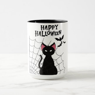 HAPPY HALLOWEEN Black Cat, Bats en Web. Mok