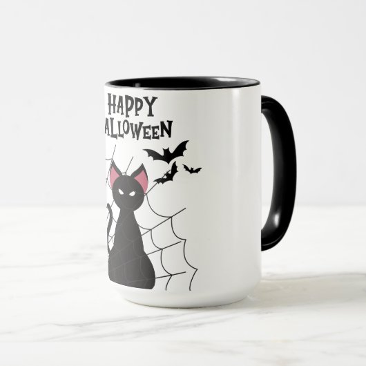 HAPPY HALLOWEEN Black Cat, Bats en Web. Mok (Voorkant rechts)