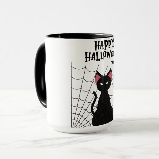 HAPPY HALLOWEEN Black Cat, Bats en Web. Mok (Voorkant links)