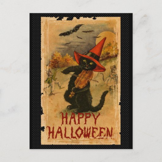 Happy Halloween Black Cat die Fiddle Bats speelt Briefkaart (Voorkant)