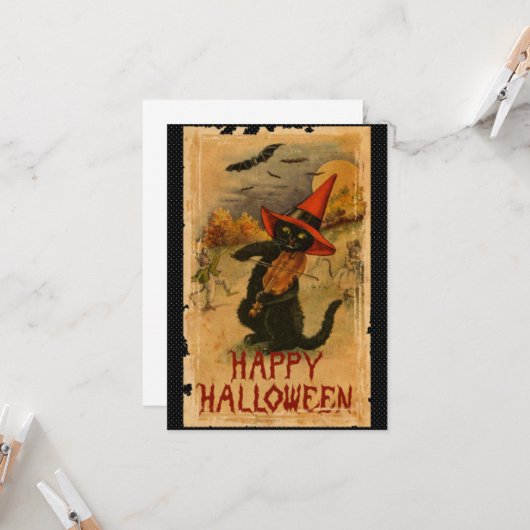 Happy Halloween Black Cat die Fiddle Bats speelt Kaart (Voorkant / Achterkant in situ)