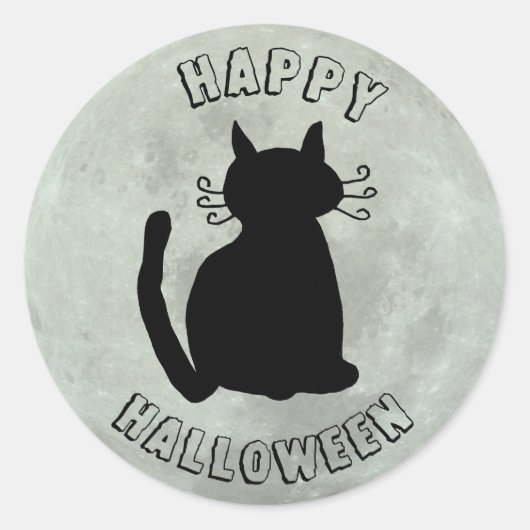 Happy Halloween Black Cat en Full Moon Ronde Sticker (Voorkant)