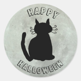 Happy Halloween Black Cat en Full Moon Ronde Sticker