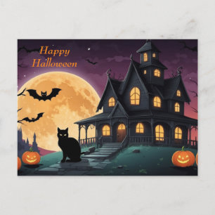 Happy Halloween Black Cat en Haunted House Feestdagenkaart