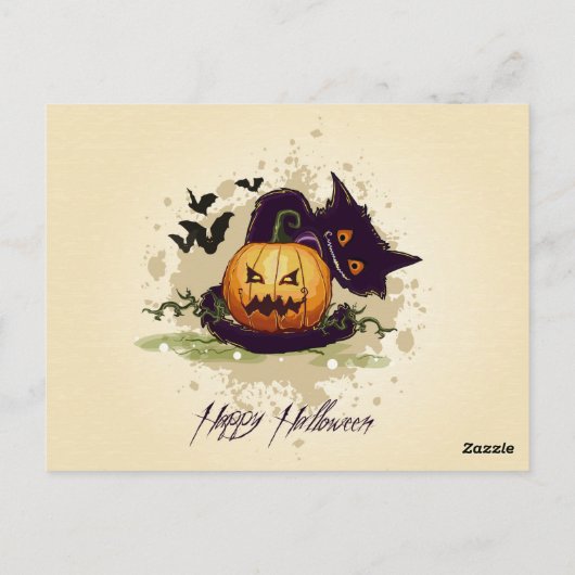 Happy Halloween Black Cat en Jack Briefkaart (Achterkant)