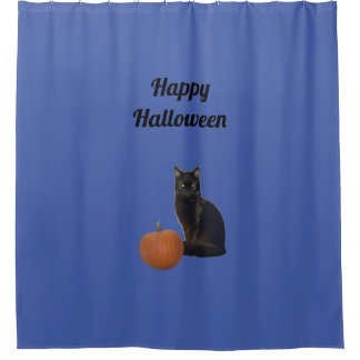 Happy Halloween Black Cat en Oranje Pumpkin Blue Douchegordijn