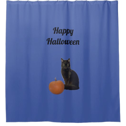 Happy Halloween Black Cat en Oranje Pumpkin Blue Douchegordijn (Voorkant)