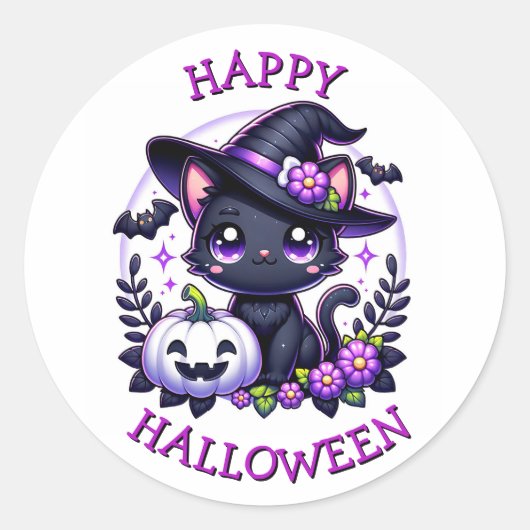 Happy Halloween Black Cat en Pumpkin Ronde Sticker (Voorkant)