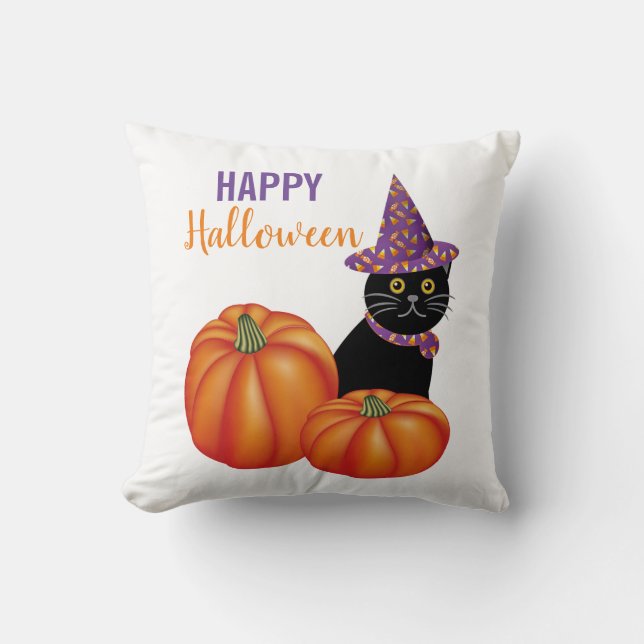 Happy Halloween Black Cat en Pumpkins Decorative Kussen (Voorkant)