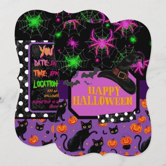 Happy Halloween Black Cat en Spiderweb Kaart (Voorkant / Achterkant)