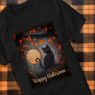 Happy Halloween Black Cat Full Moon Art  T-shirt