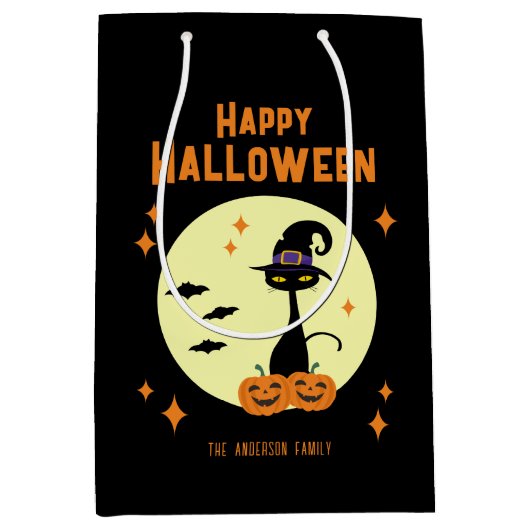 Happy Halloween Black Cat gepersonaliseerd Medium Cadeauzakje (Voorkant)