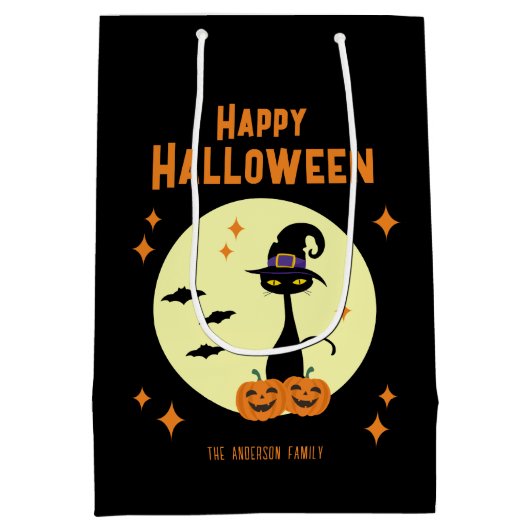 Happy Halloween Black Cat gepersonaliseerd Medium Cadeauzakje (Achterkant)